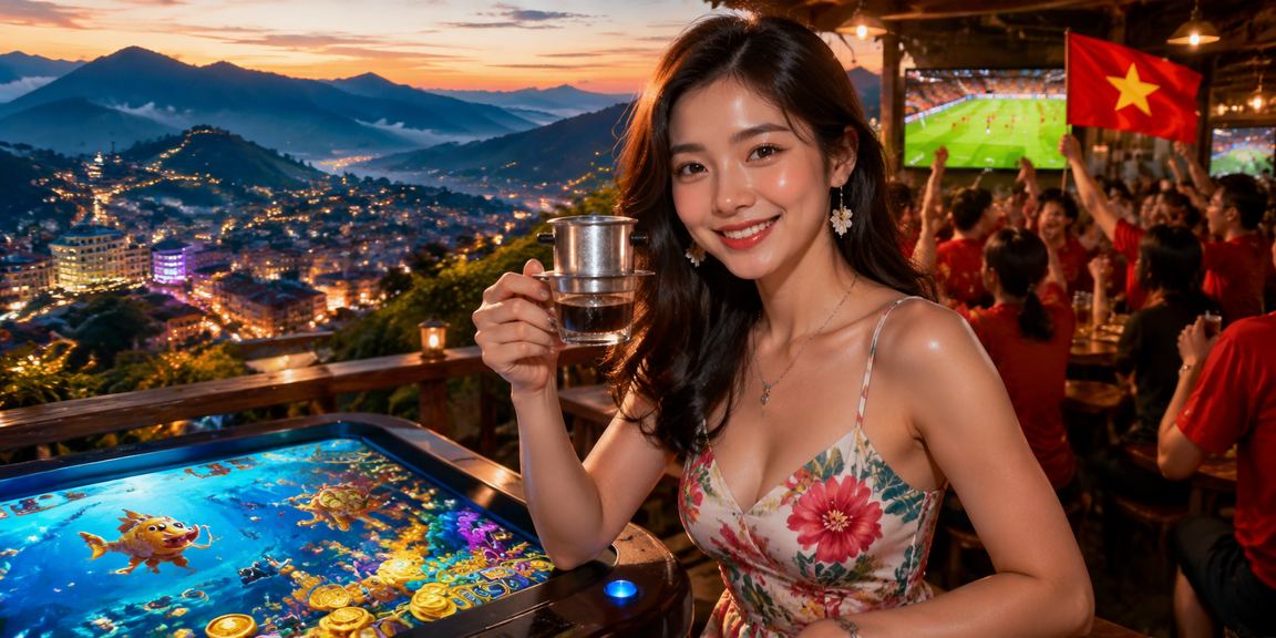 Người chơi tại Sa Pa thư giãn với trò chơi bắn cá trực tuyến bên tách cà phê buổi sáng sương mù